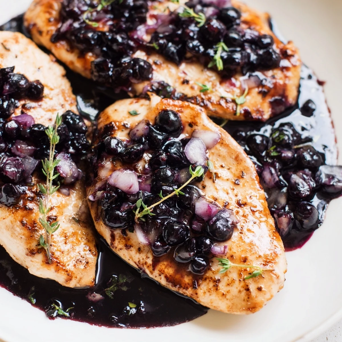 Golden pan-seared chicken breasts topped with glossy purple blueberry thyme sauce