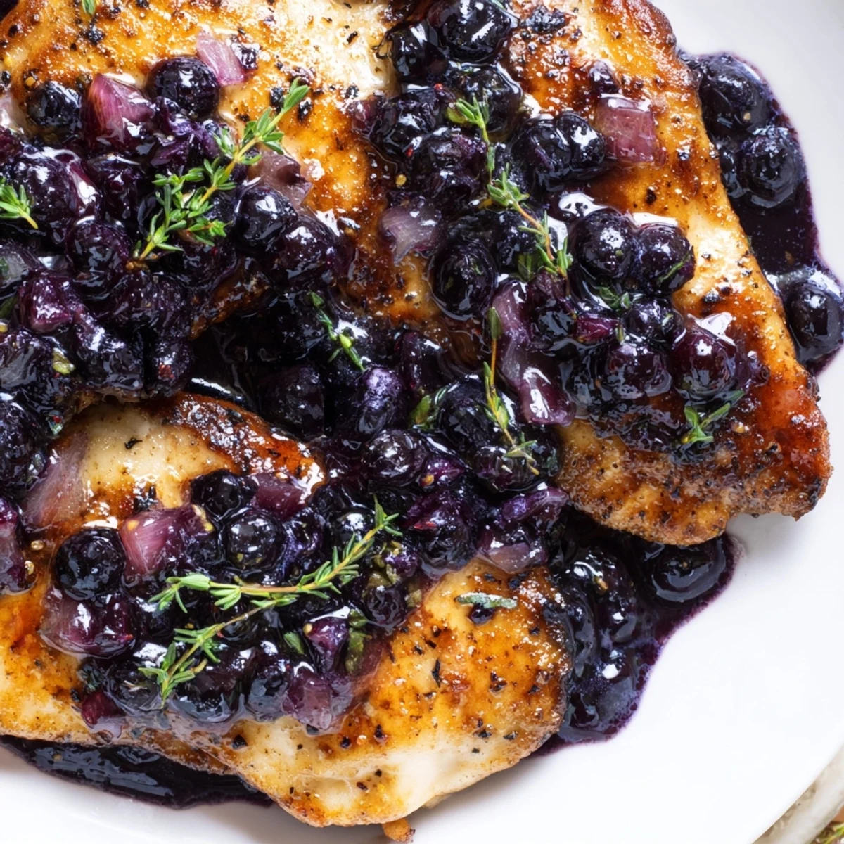 Juicy chicken glazed in rich blueberry thyme reduction with sprig garnish on white plate