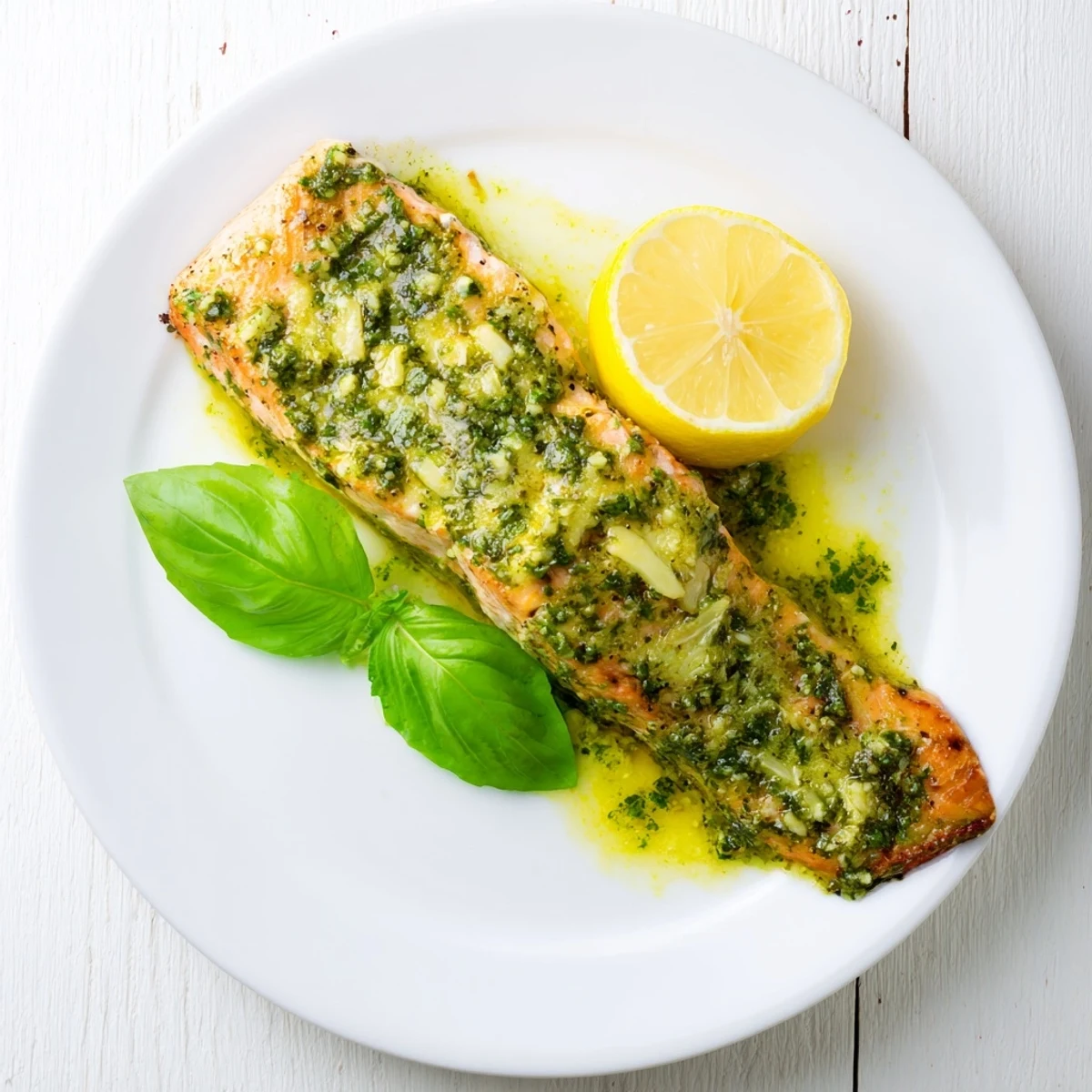 Golden brown pesto butter salmon fillet with green herb topping baked to flaky perfection on a white ceramic plate
