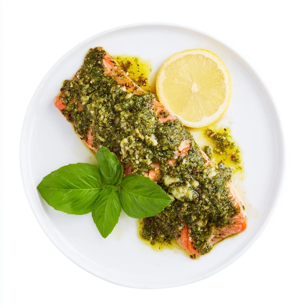 Perfectly cooked pesto butter salmon with crispy edges, moist pink flesh, and vibrant green herb butter melting on top