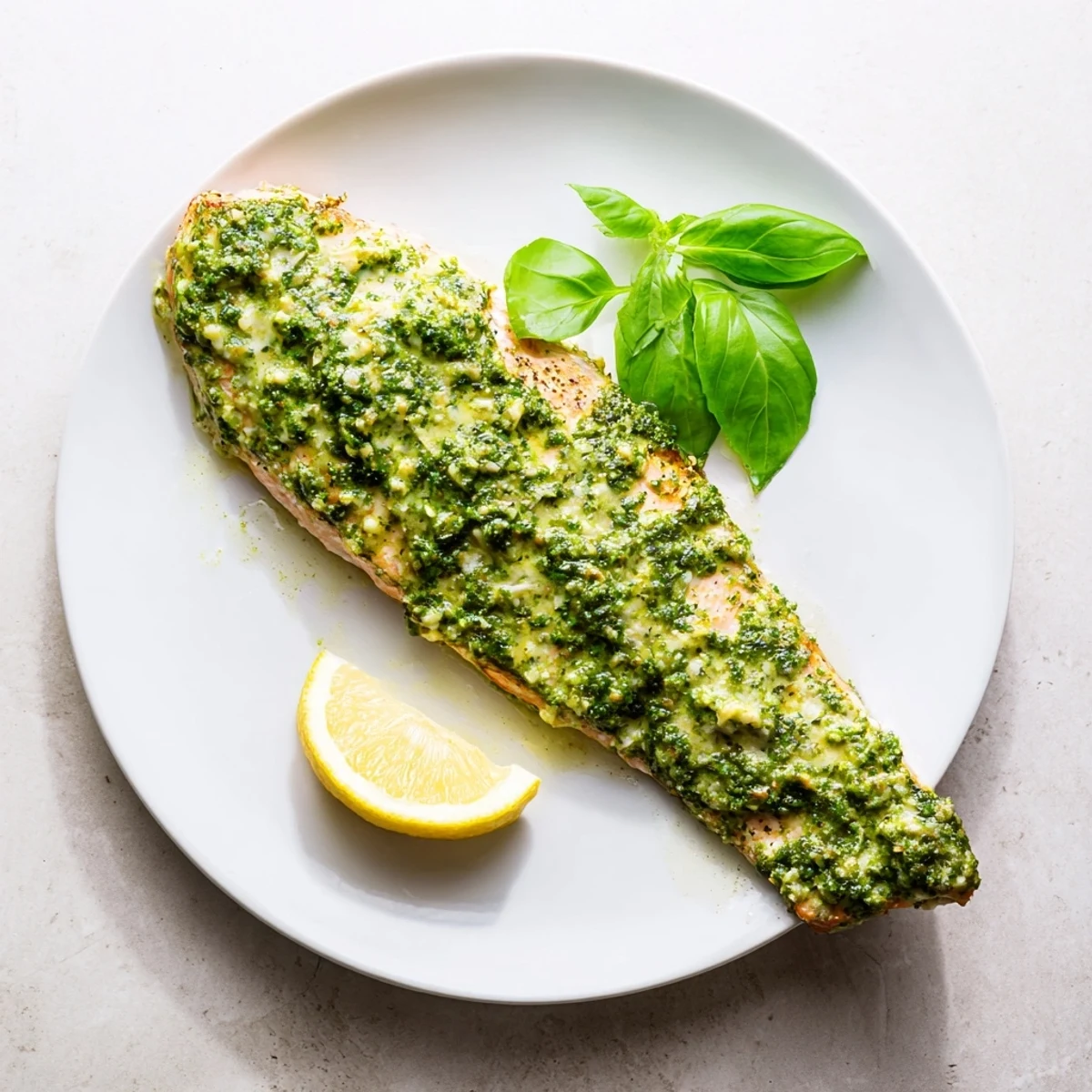 Juicy oven-baked salmon glazed with creamy basil pesto butter, garnished with fresh lemon wedges and basil sprigs