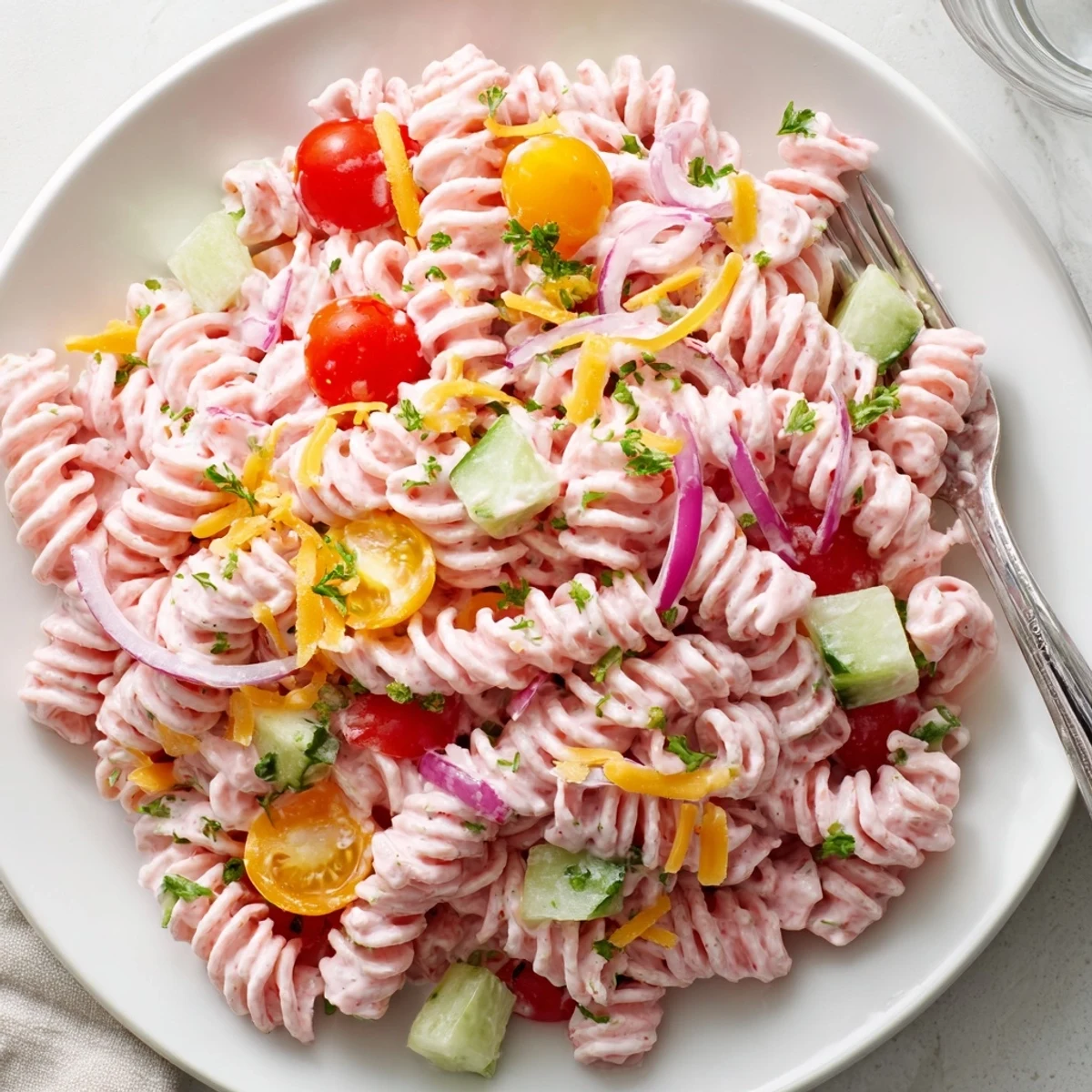 Colorful Pink Cadillac Pasta Salad with cherry tomatoes, red peppers, and creamy pink dressing