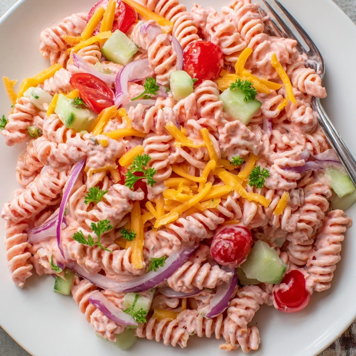 Vibrant Pink Cadillac Pasta Salad tossed with cherry tomatoes, red bell peppers, and pink-tinged creamy dressing