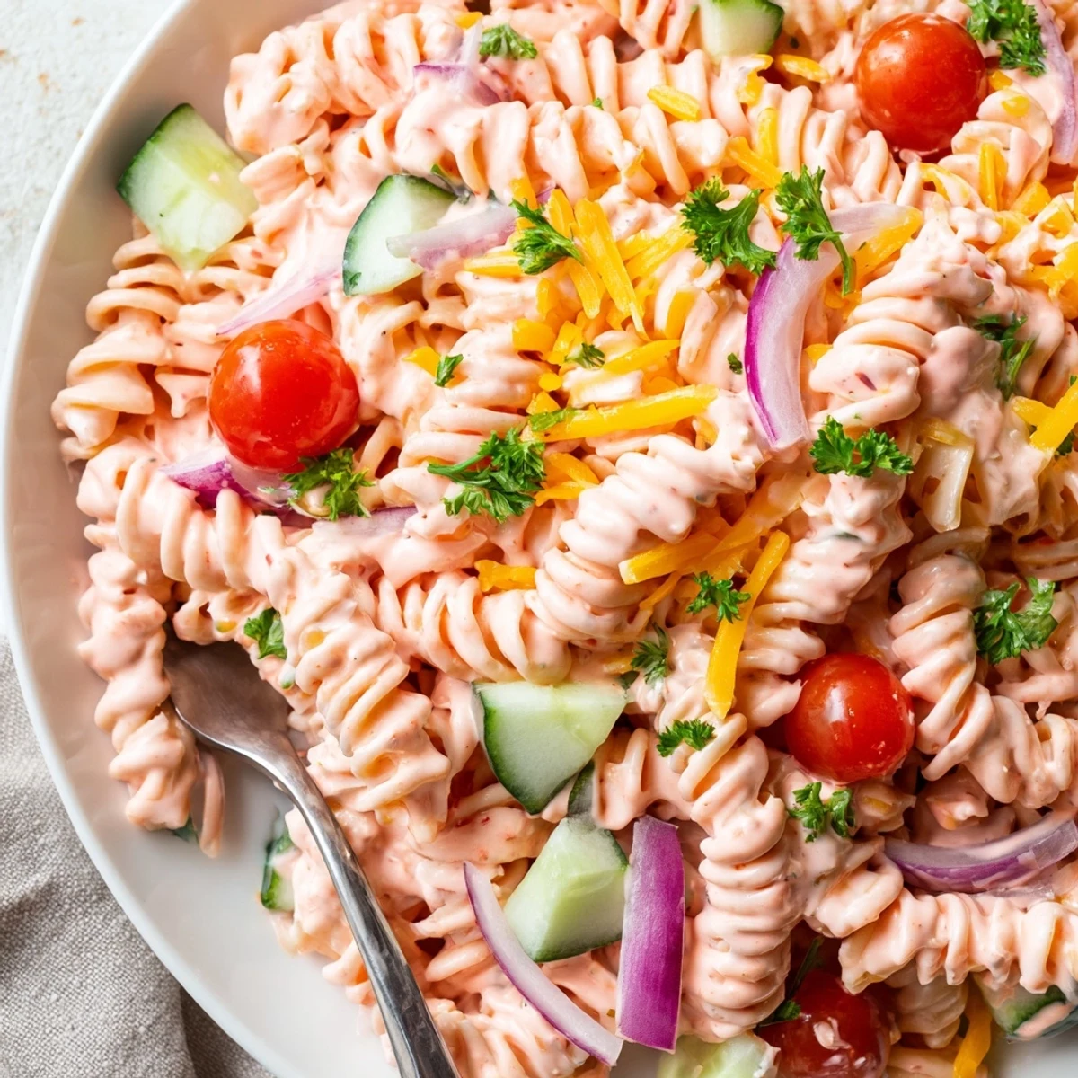 Creamy Pink Cadillac Pasta Salad featuring rotini, crisp vegetables, and tangy pink dressing in a serving bowl