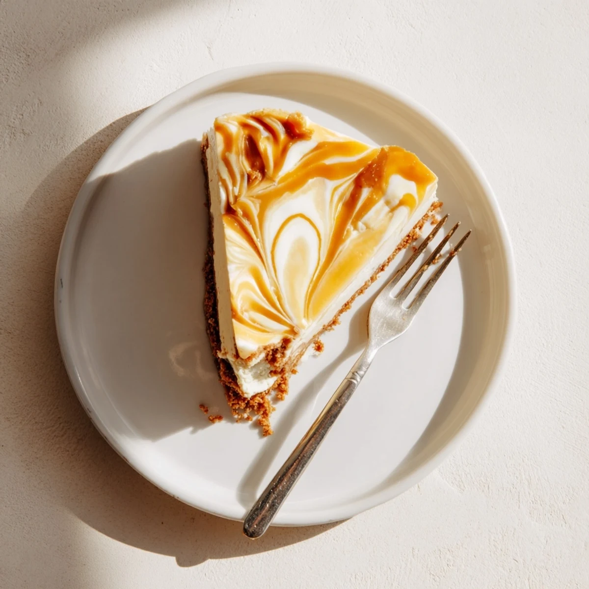Creamy caramel swirl cheesecake slice on a white plate with golden caramel dripping down the sides