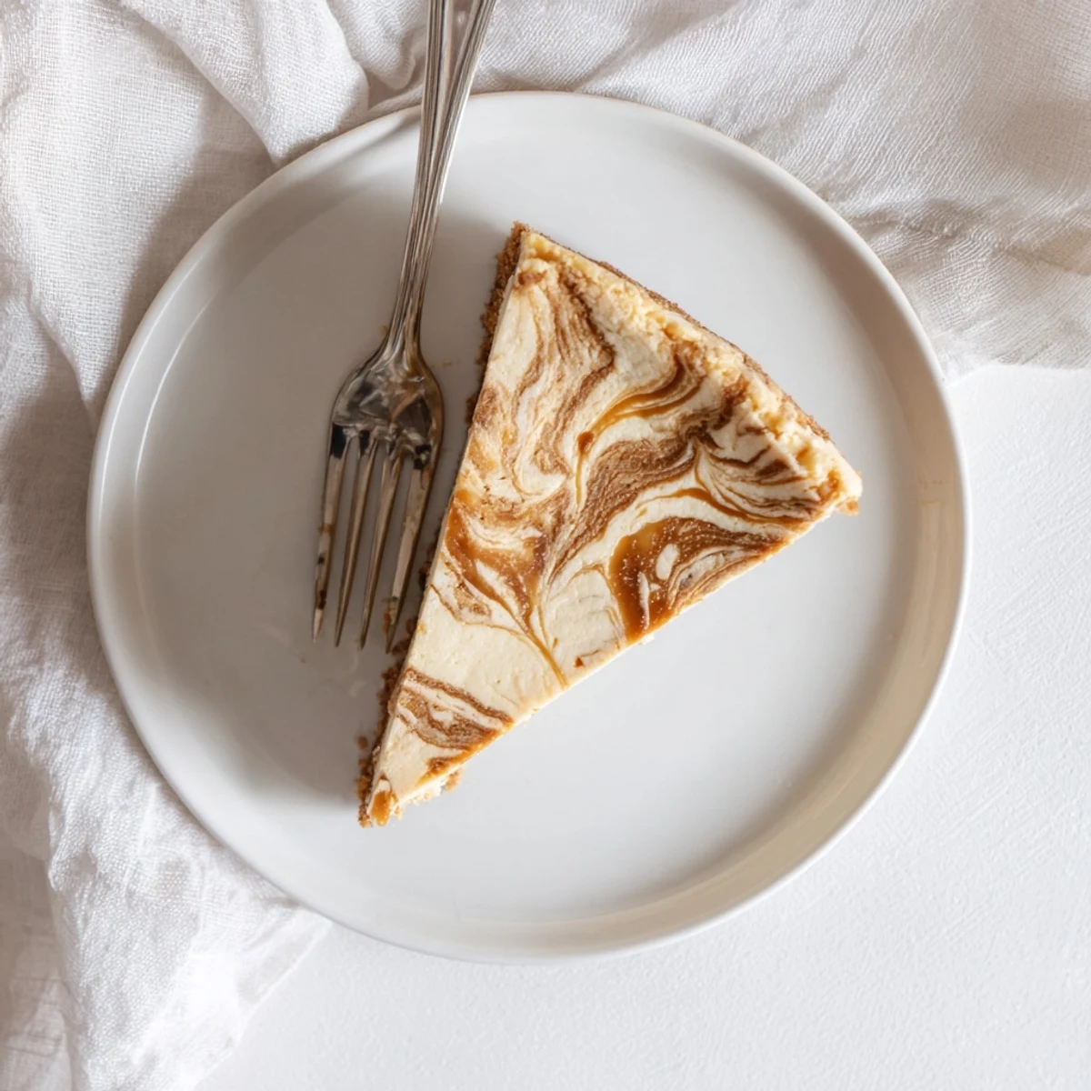 Homemade caramel swirl cheesecake showing marbled caramel ribbons throughout the smooth cream cheese filling
