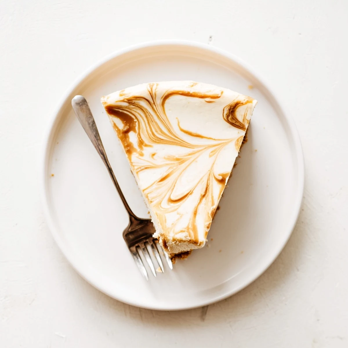 Rich caramel swirl cheesecake with buttery graham cracker crust topped with extra caramel drizzle and sea salt