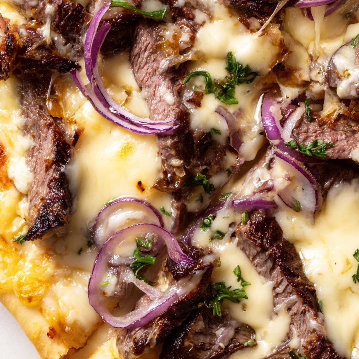 Golden Beef Alfredo Pizza topped with melted mozzarella and sliced red onion on a crispy crust