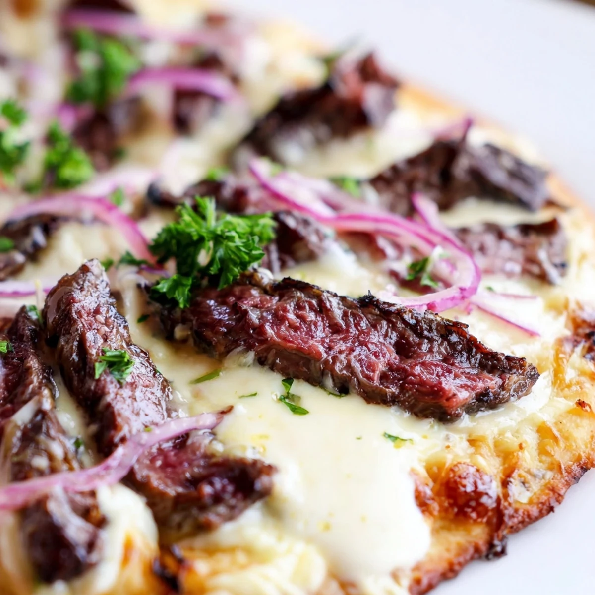 Creamy white sauced pizza featuring tender seasoned beef slices bubbling under provolone and mozzarella cheese