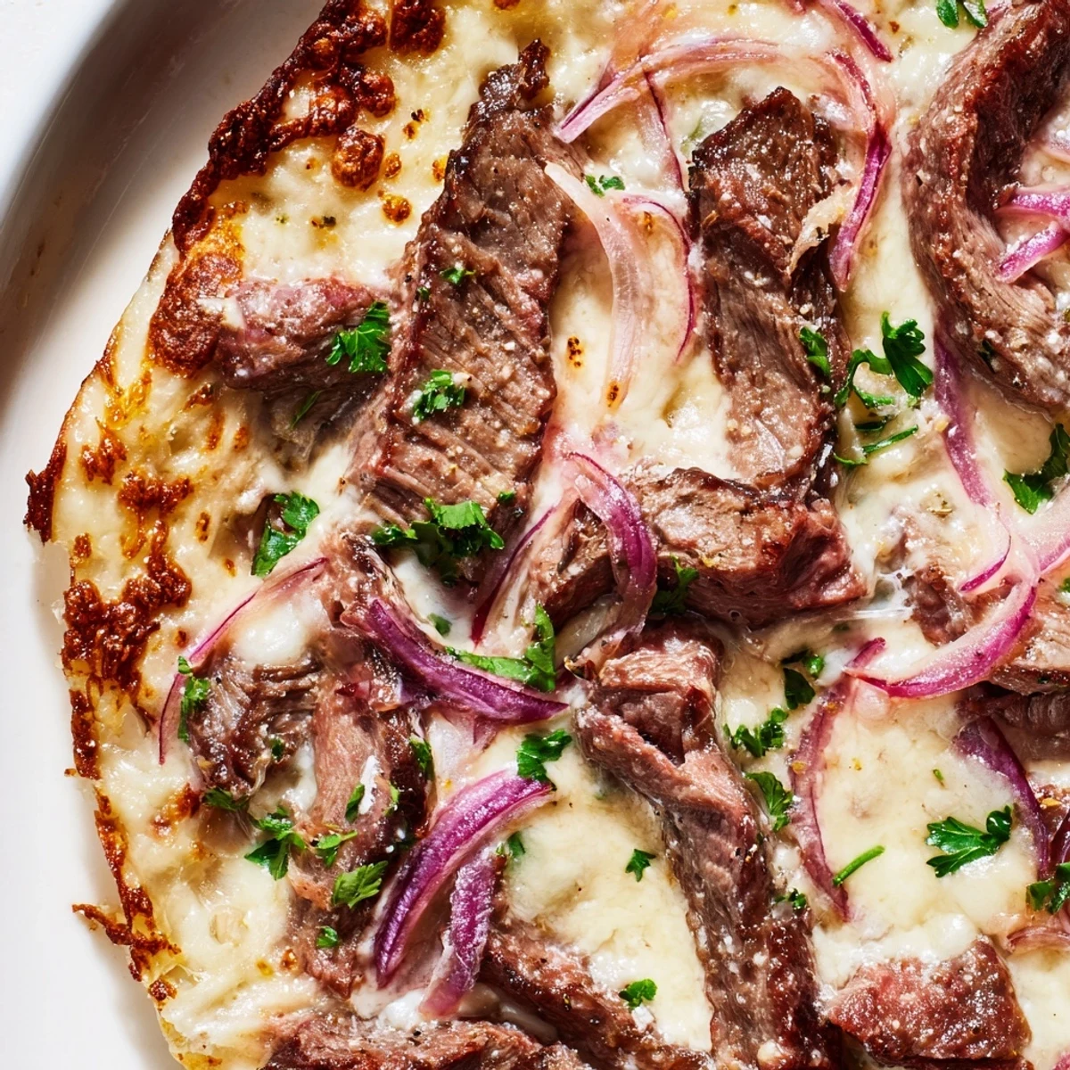 Savory American-Italian fusion pizza with garlic Alfredo sauce seared beef and golden baked cheese topping