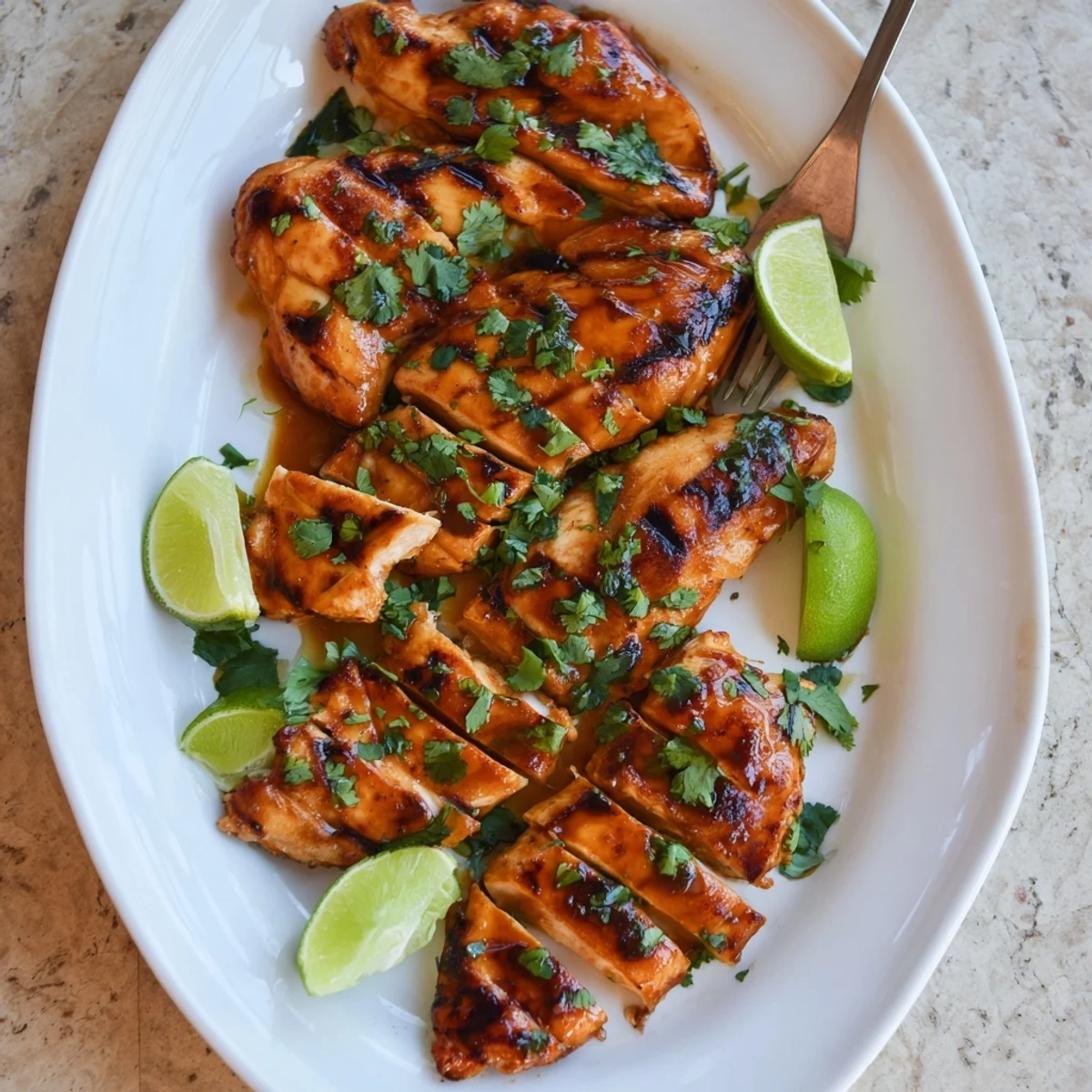 Juicy grilled spicy honey lime chicken breasts plated with lime wedges on a rustic wooden board