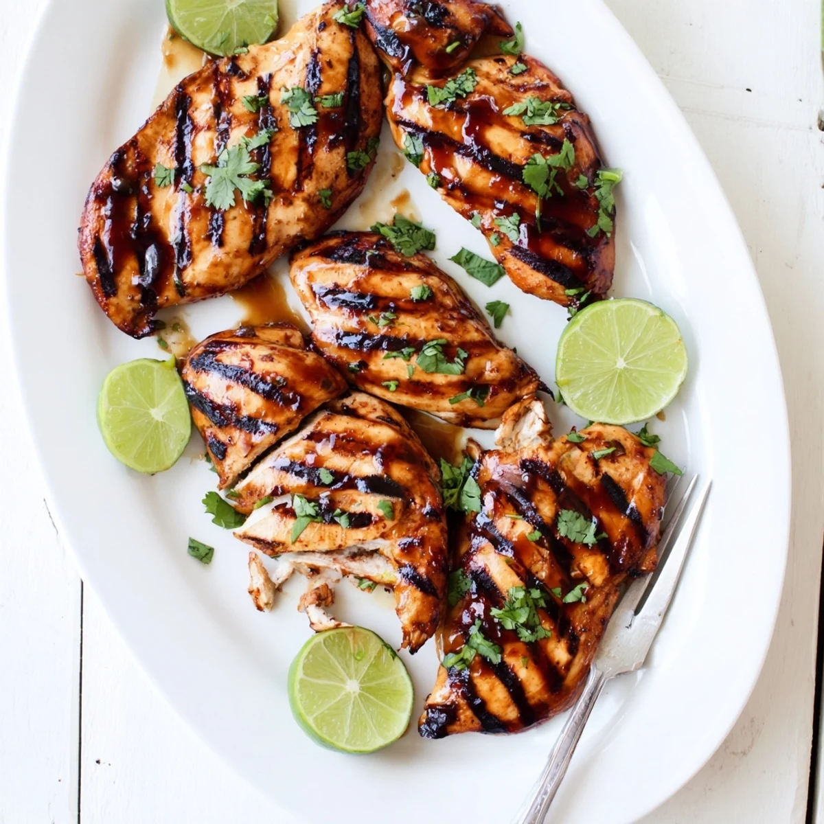 Tender spicy honey lime chicken fresh off the grill with zesty marinade glaze and herbs