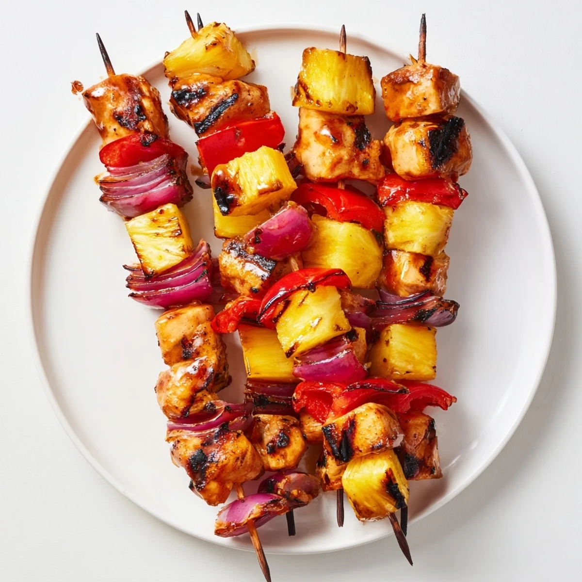 Grilled Hawaiian chicken kebabs featuring marinated meat, colorful peppers, and sweet pineapple chunks on skewers