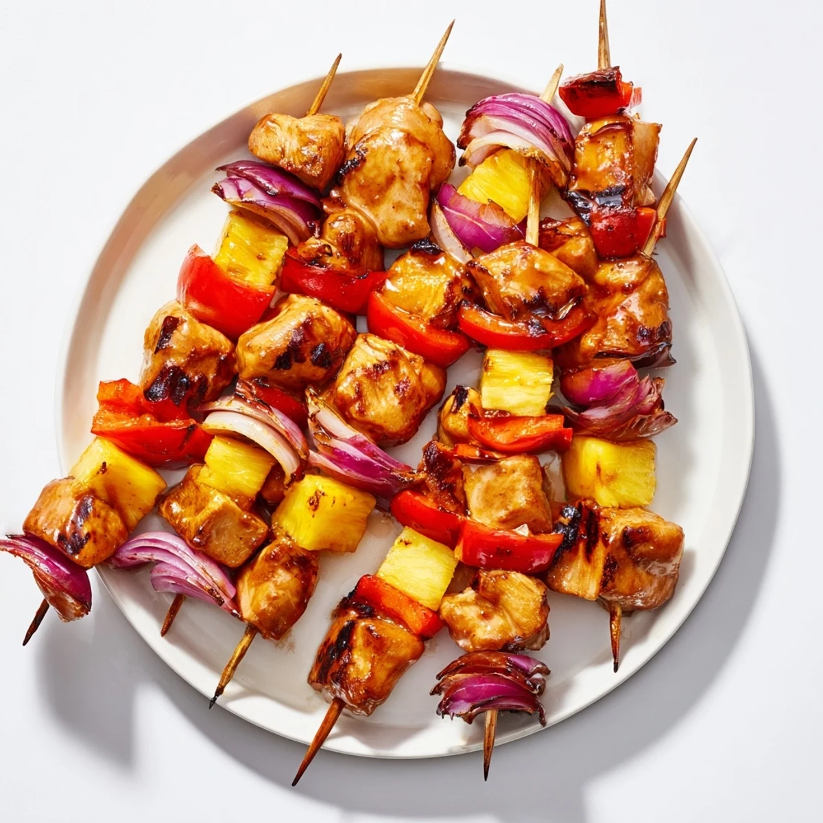 Tropical Hawaiian chicken kebabs with tender glazed meat, vibrant vegetables, and caramelized pineapple ready to serve