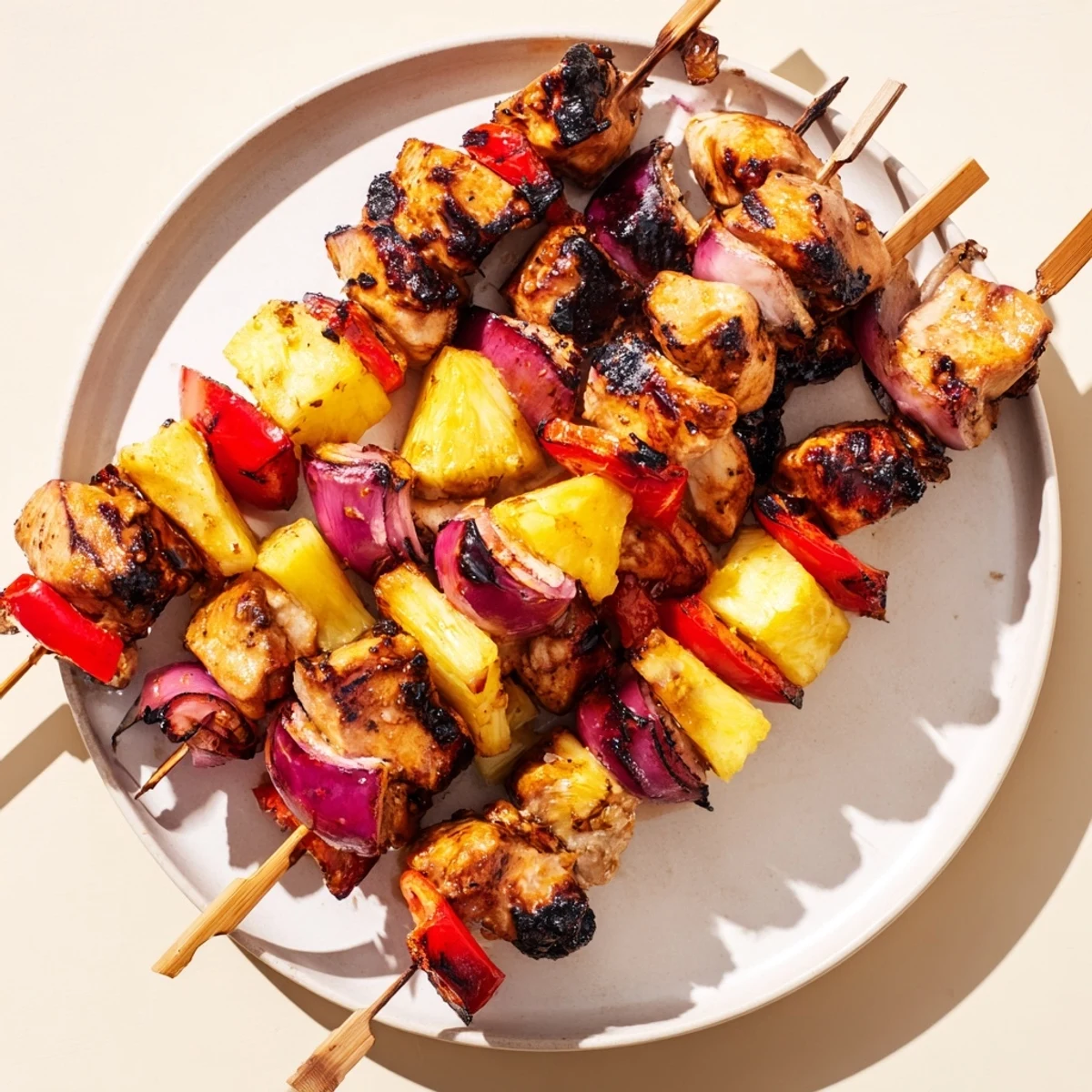 Succulent Hawaiian chicken kebabs threaded with bell peppers, onions, and pineapple, grilled to juicy perfection