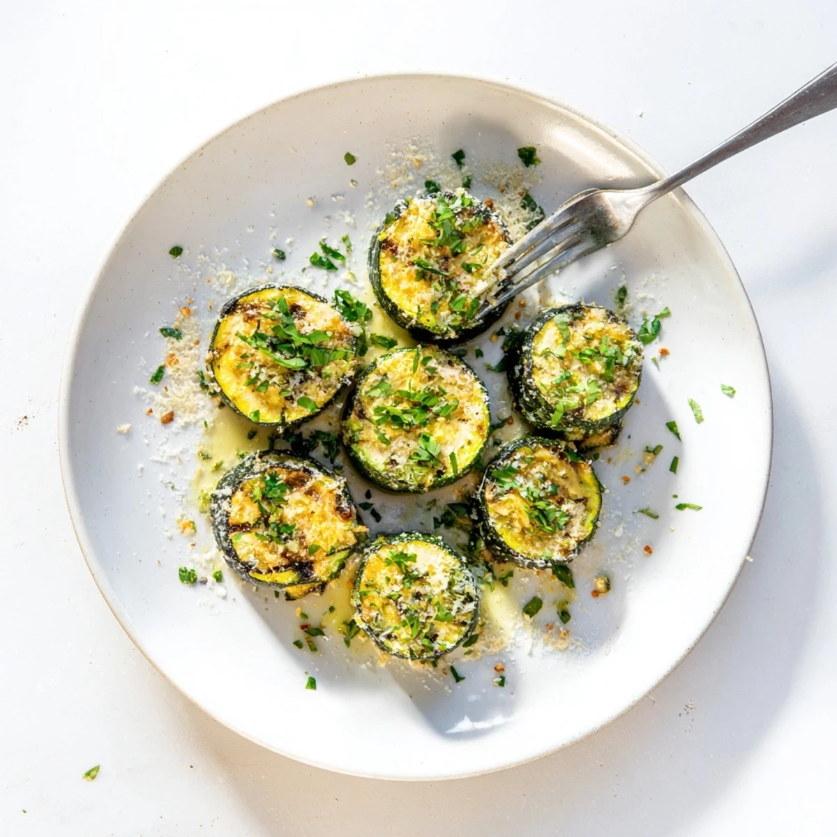 Golden brown grilled zucchini rounds topped with melted Parmesan and fragrant fresh basil, parsley, and chives on a white serving platter