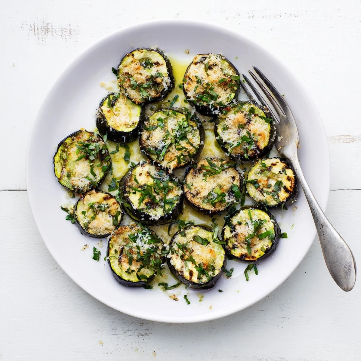 Close-up of crispy grilled zucchini with savory Parmesan coating and green herb garnish, served warm as an easy vegetarian appetizer