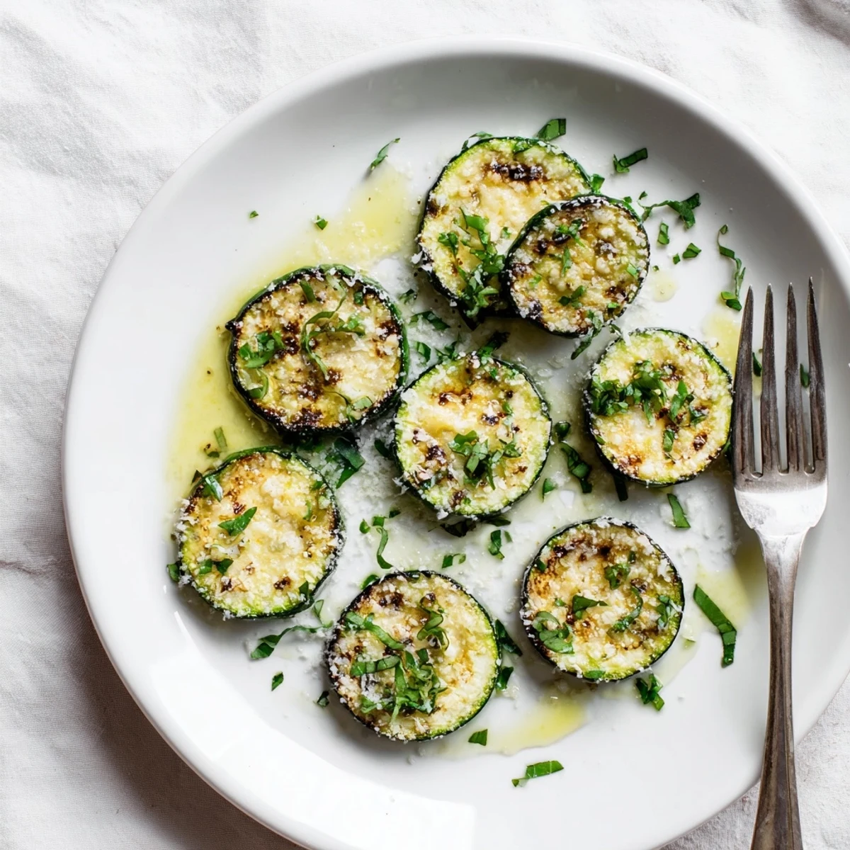 Plate of tender charred zucchini slices sprinkled with grated cheese and chopped herbs, a perfect Mediterranean summer side dish
