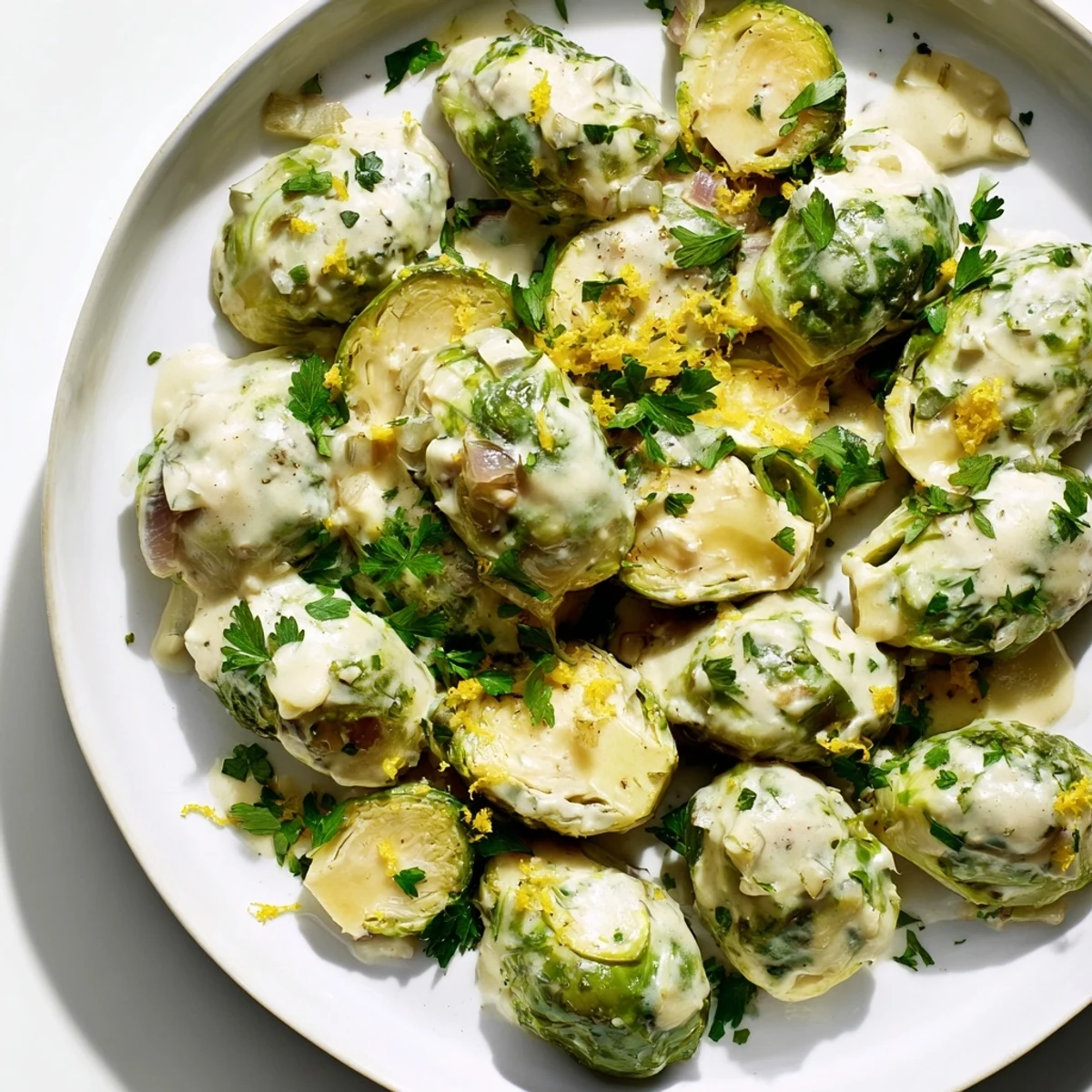 Succulent halved Brussels sprouts with Boursin cheese garnished with fresh parsley