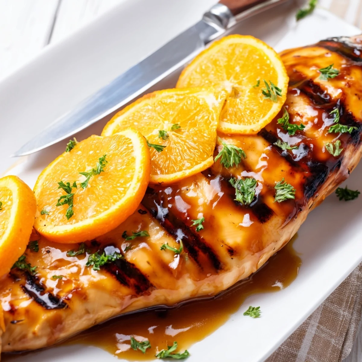 Golden brown Orange Dijon grilled chicken breast with charred grill marks and fresh orange garnish