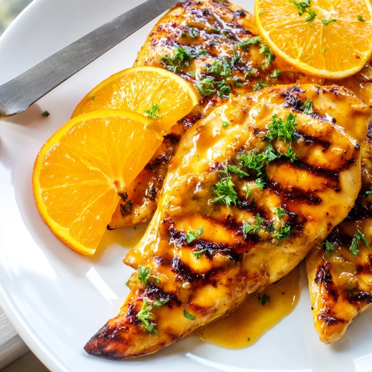 Juicy Orange Dijon grilled chicken resting on a white plate, brushed with zesty mustard glaze