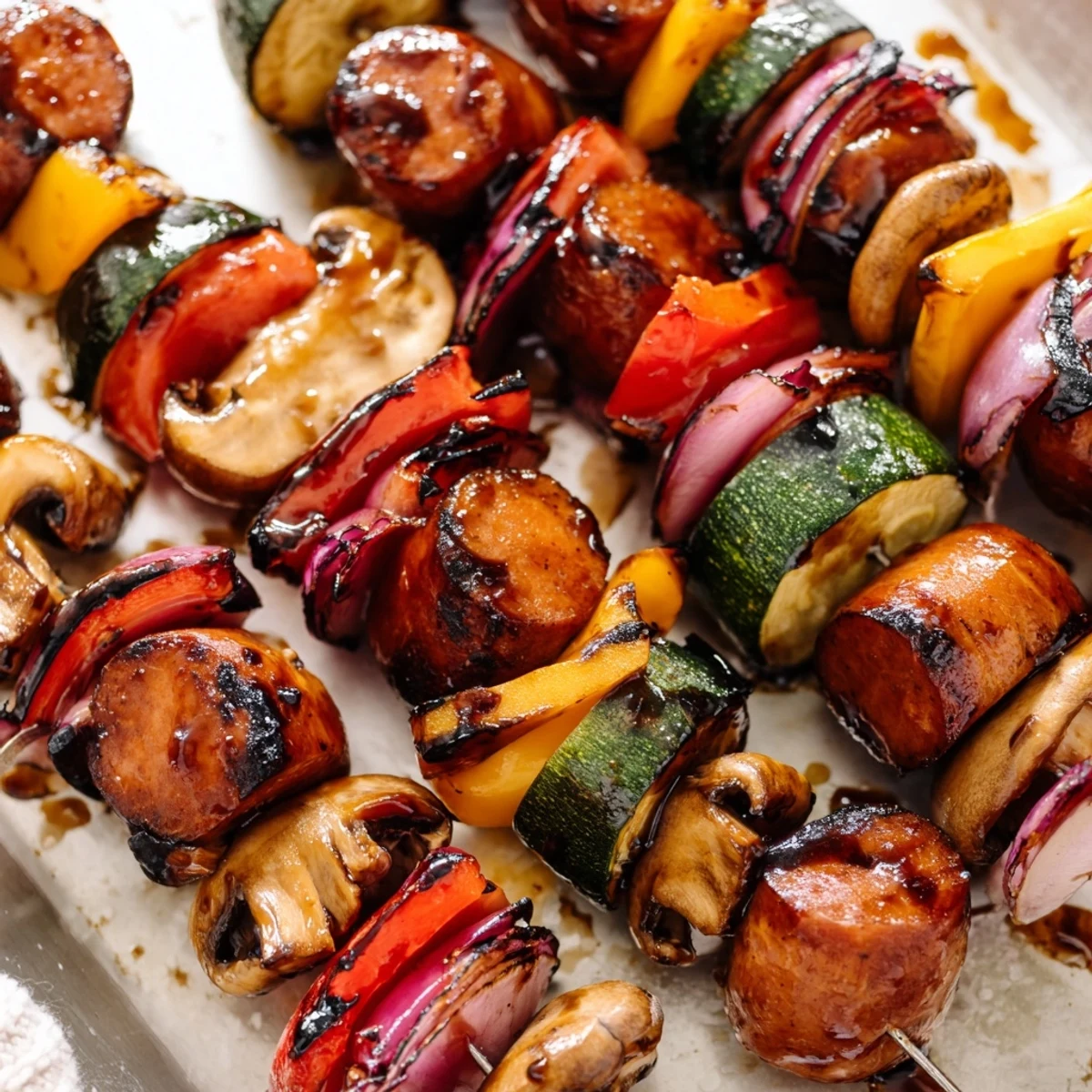 Golden grilled kielbasa kabobs with colorful vegetables coated in sticky balsamic honey glaze