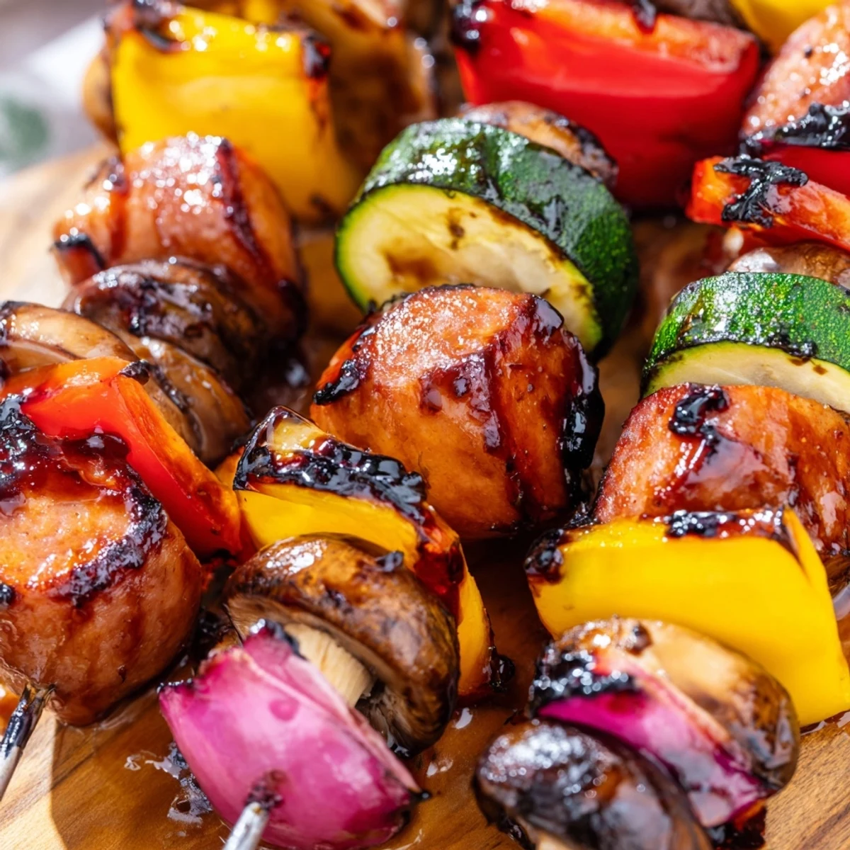 Wooden skewers loaded with smoky sausage and vibrant peppers finished with sweet honey balsamic
