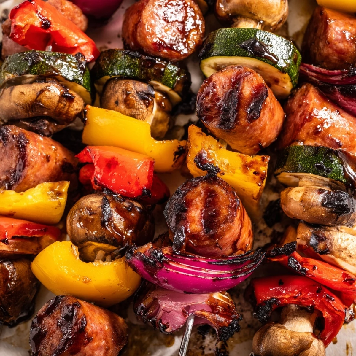 Charred kielbasa and vegetable kabobs brushed tangy balsamic honey sauce on a outdoor grill platter