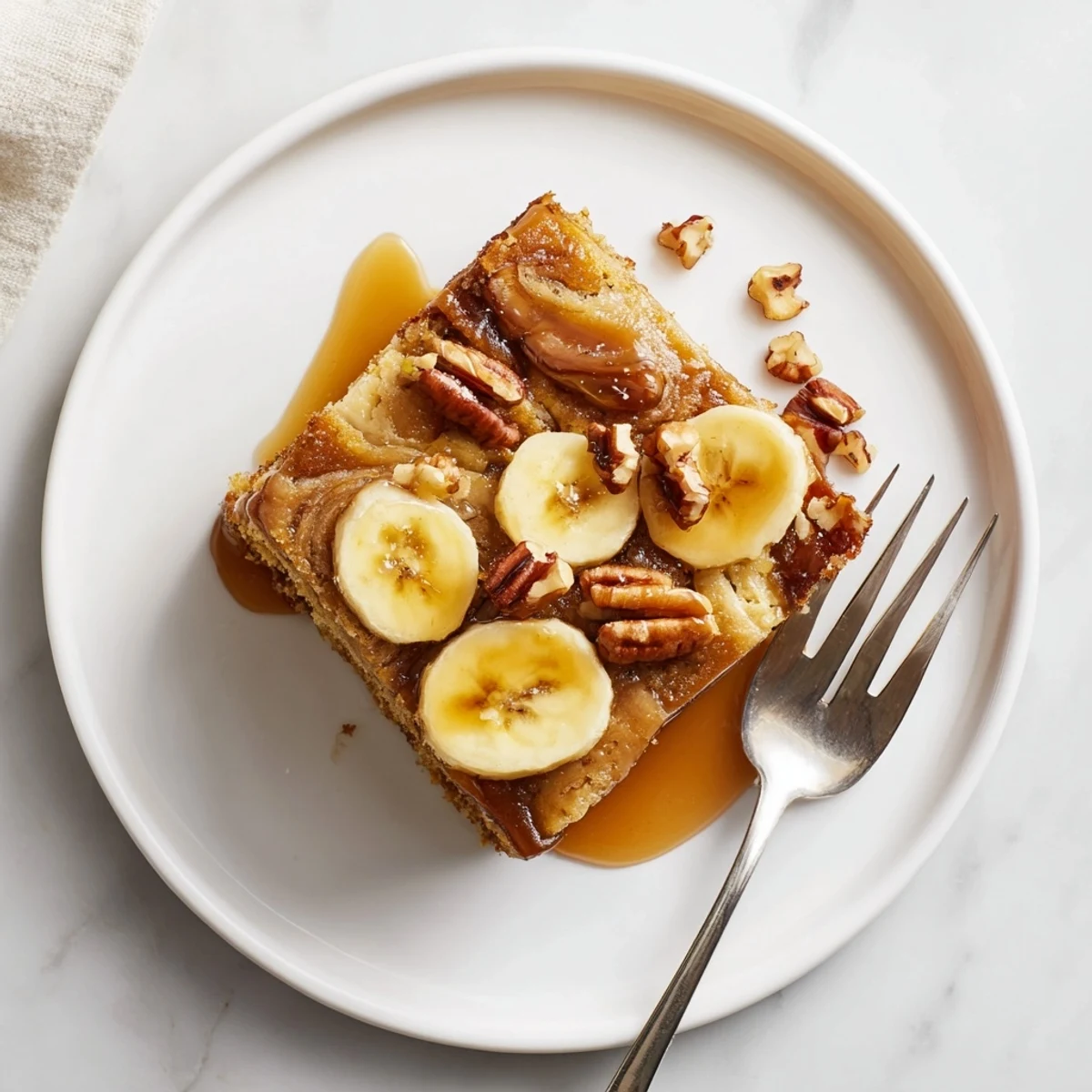 Golden salted caramel brown butter banana cake with glossy caramel drizzle and toasted pecan topping
