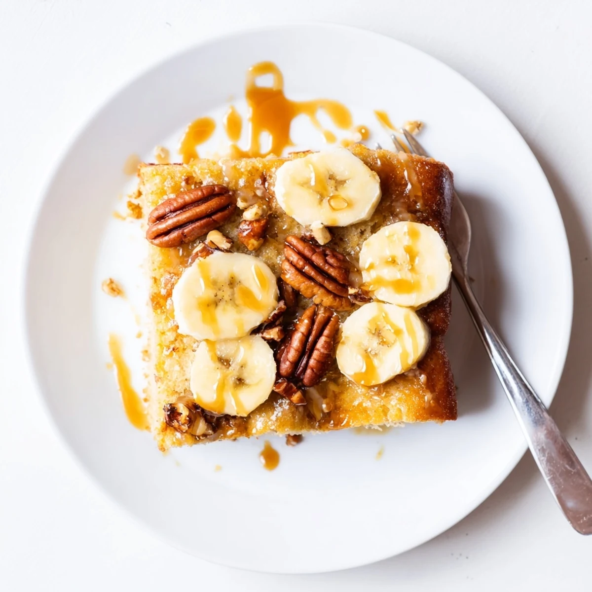 Moist banana cake layered with nutty brown butter and swirled homemade salted caramel sauce