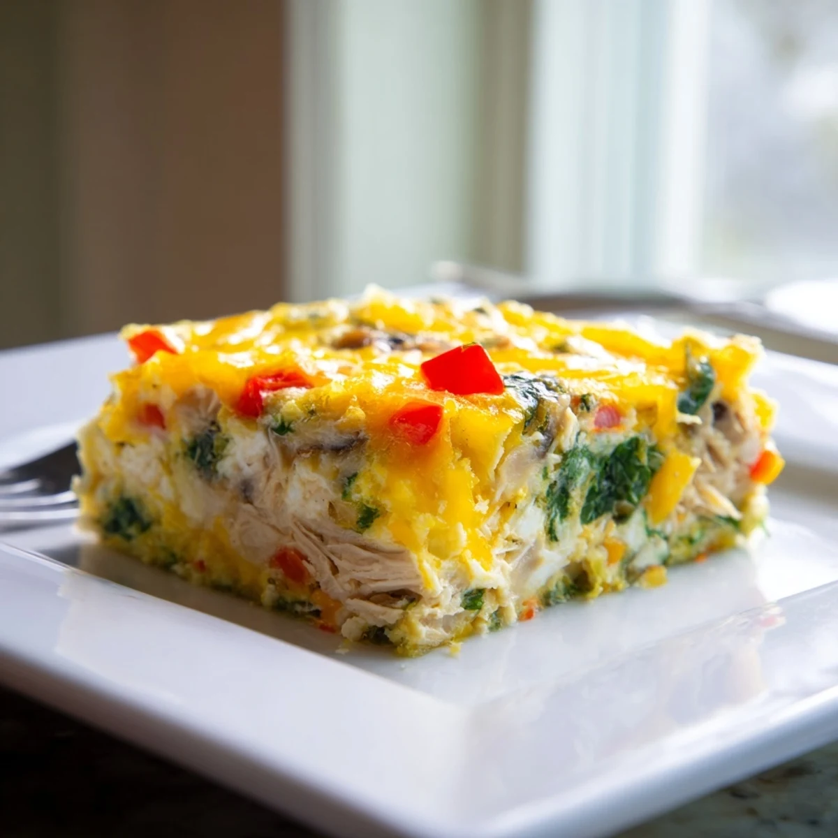 Golden high protein egg casserole with melted cheddar and colorful vegetables