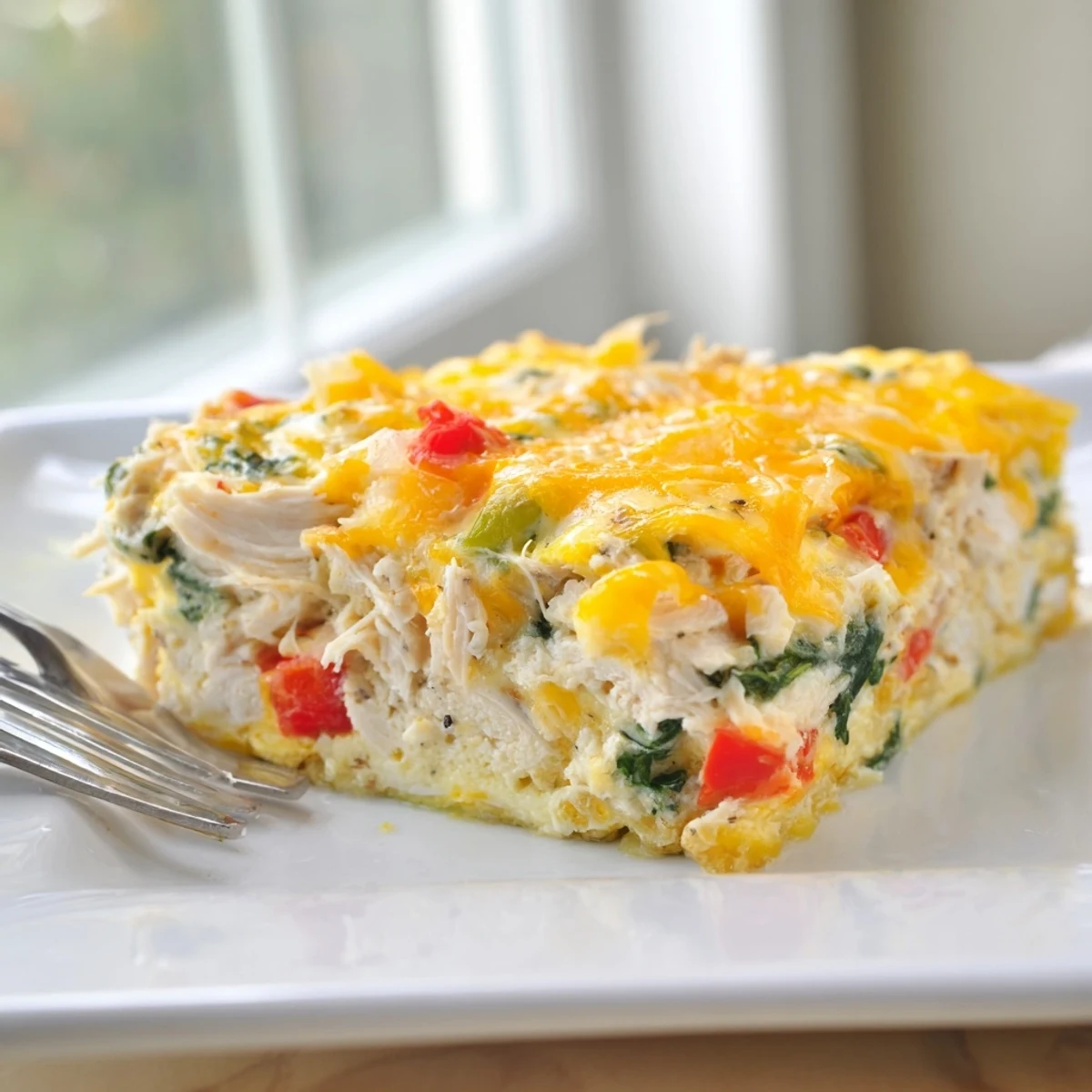 Sliced high protein egg casserole featuring spinach peppers and chicken on white plate