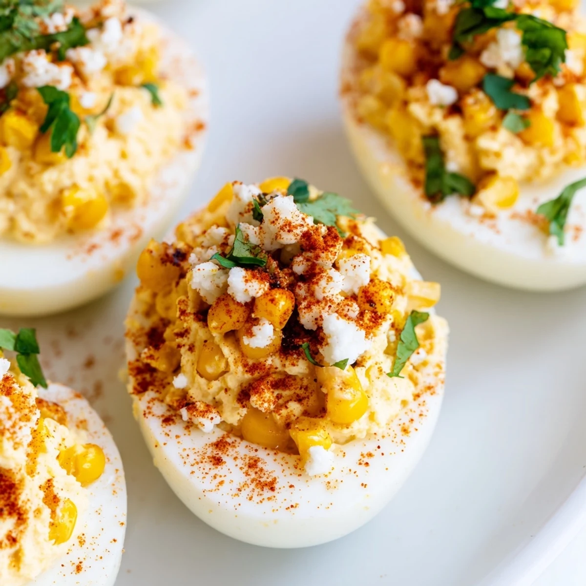 Golden Mexican street corn deviled eggs topped with charred corn, crumbled Cotija cheese and fresh cilantro