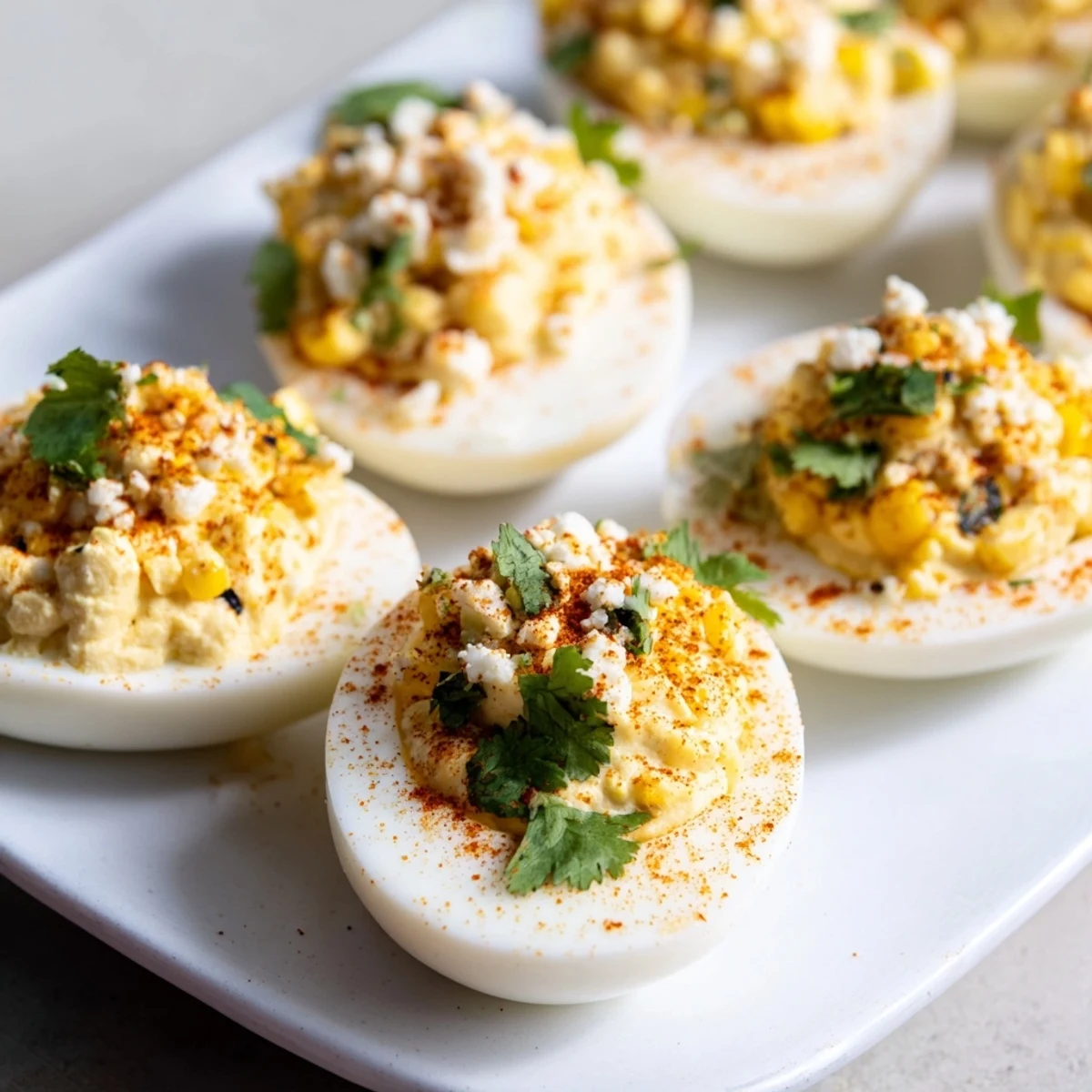 Platter of Mexican street corn deviled eggs garnished with Tajín seasoning, cotija and vibrant green cilantro