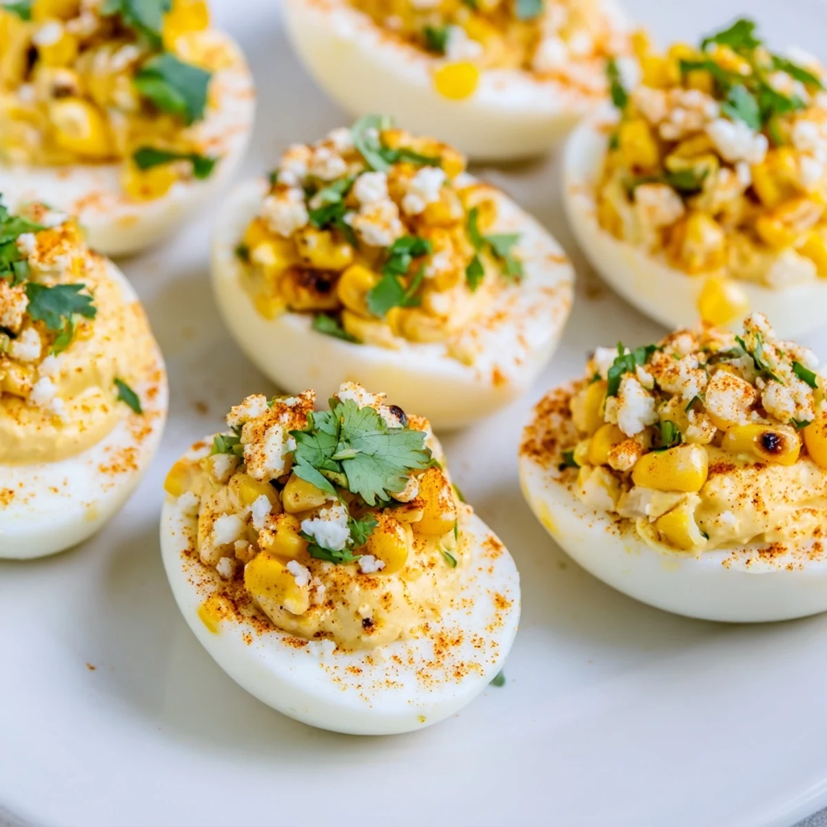 Creamy Mexican street corn deviled eggs sprinkled with chili powder and zesty lime wedges on white plate