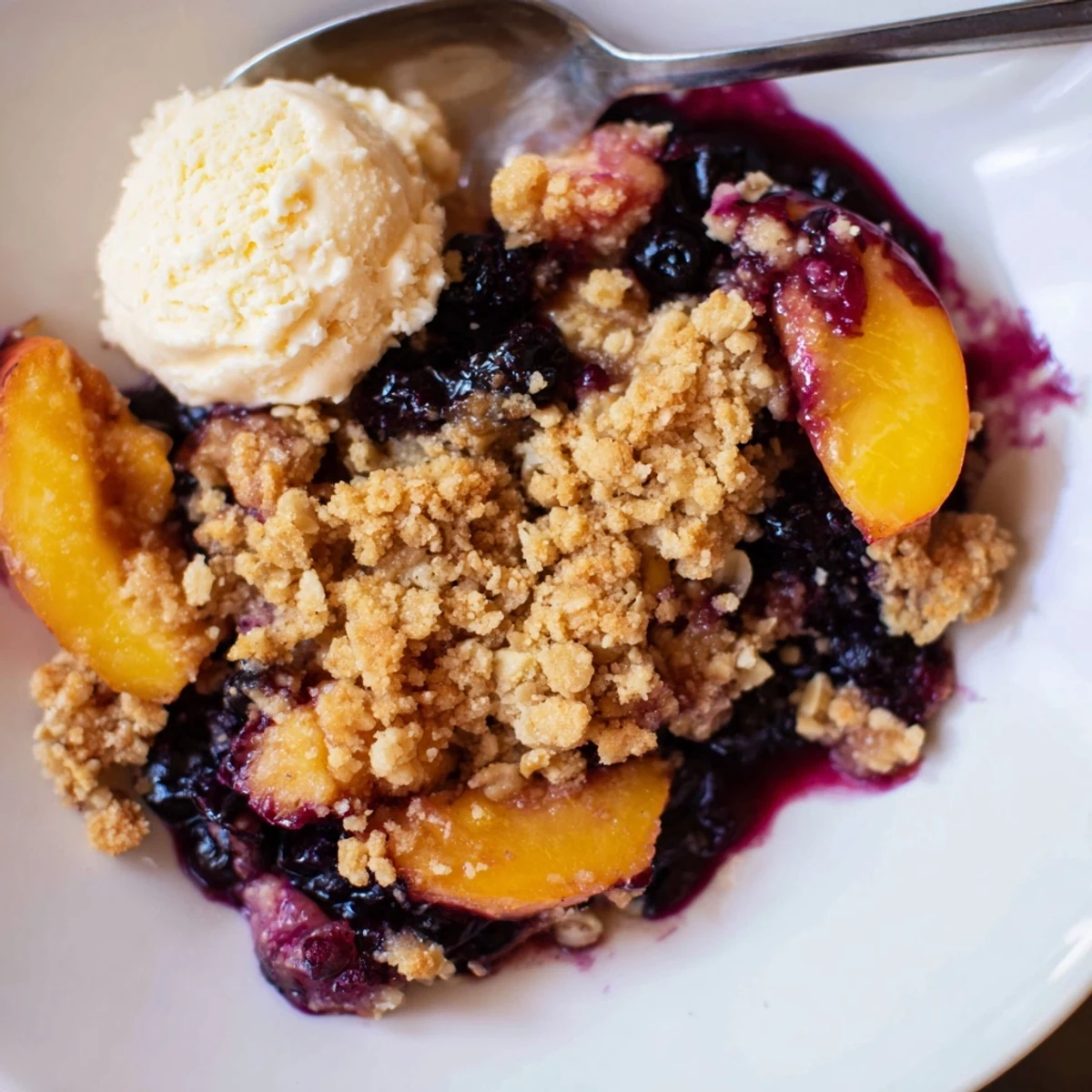 Warm Blueberry Peach Crumble with bubbling fruit and golden oat topping