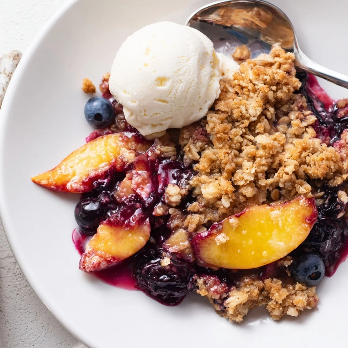 Spoonful of Blueberry Peach Crumble served warm with melting vanilla ice cream