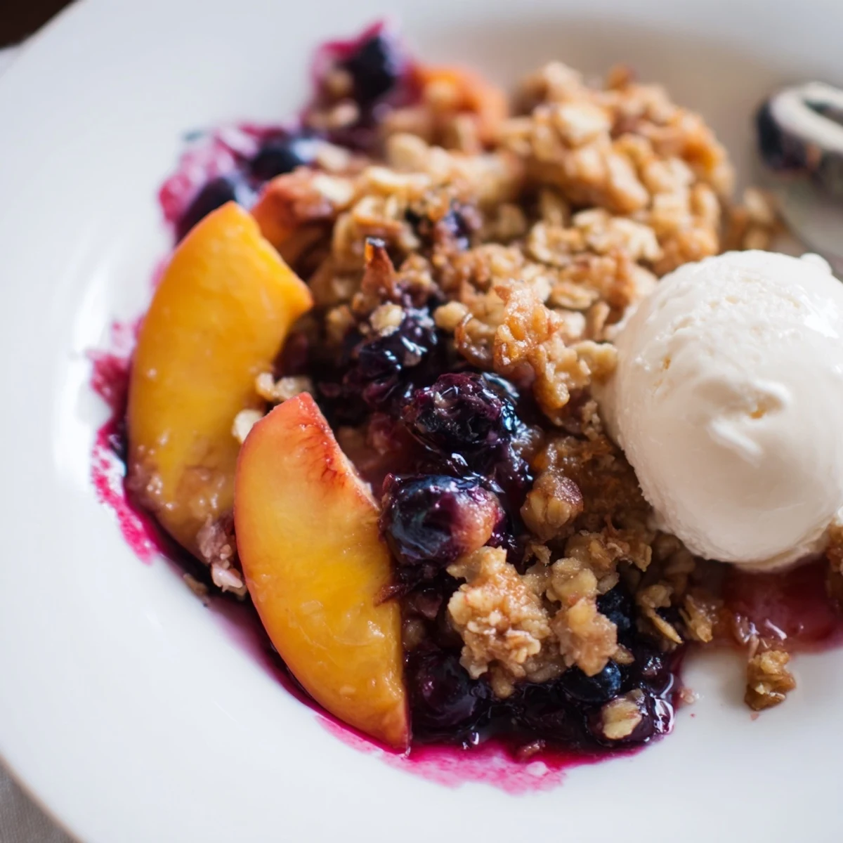 Oven-browned Blueberry Peach Crumble emitting cinnamon-scented steam, ready to share