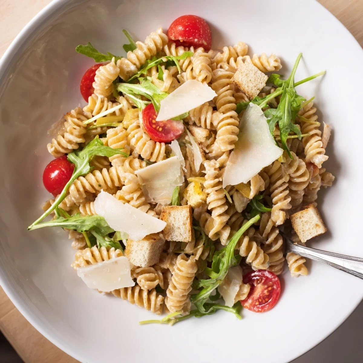 Arugula Pasta Caesar Salad with creamy dressing, peppery greens, juicy cherry tomatoes
