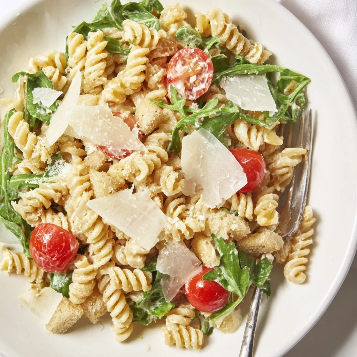 Warm Arugula Pasta Caesar Salad tossed with shaved Parmesan and crunchy croutons