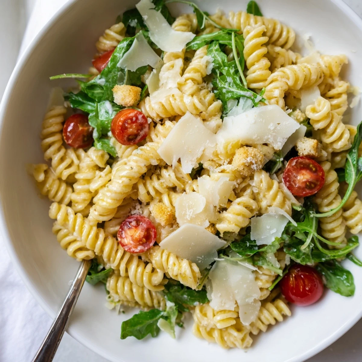 Chilled Arugula Pasta Caesar Salad served as hearty lunch, bright lemony dressing