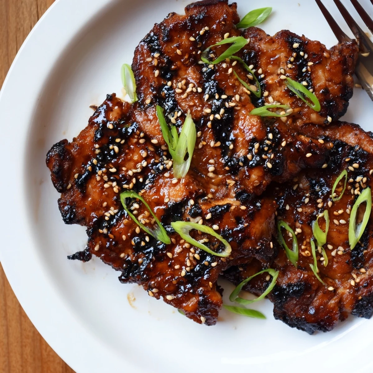Juicy Korean Chicken Thighs glistening with caramelized glaze, served over steamed rice