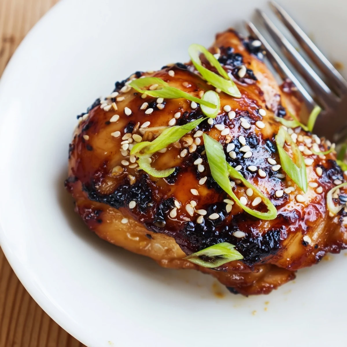 Oven-roasted Juicy Korean Chicken Thighs, tender, sesame-speckled, garnished with scallions