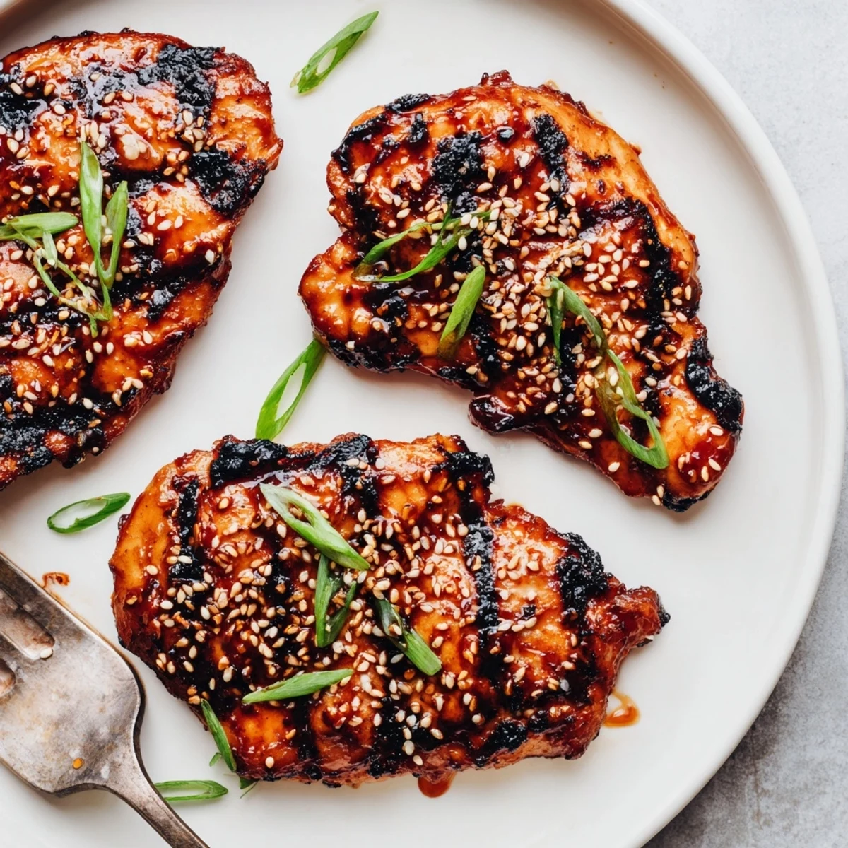 Charred edges and sweet-spicy glaze on Juicy Korean Chicken Thighs ready to serve