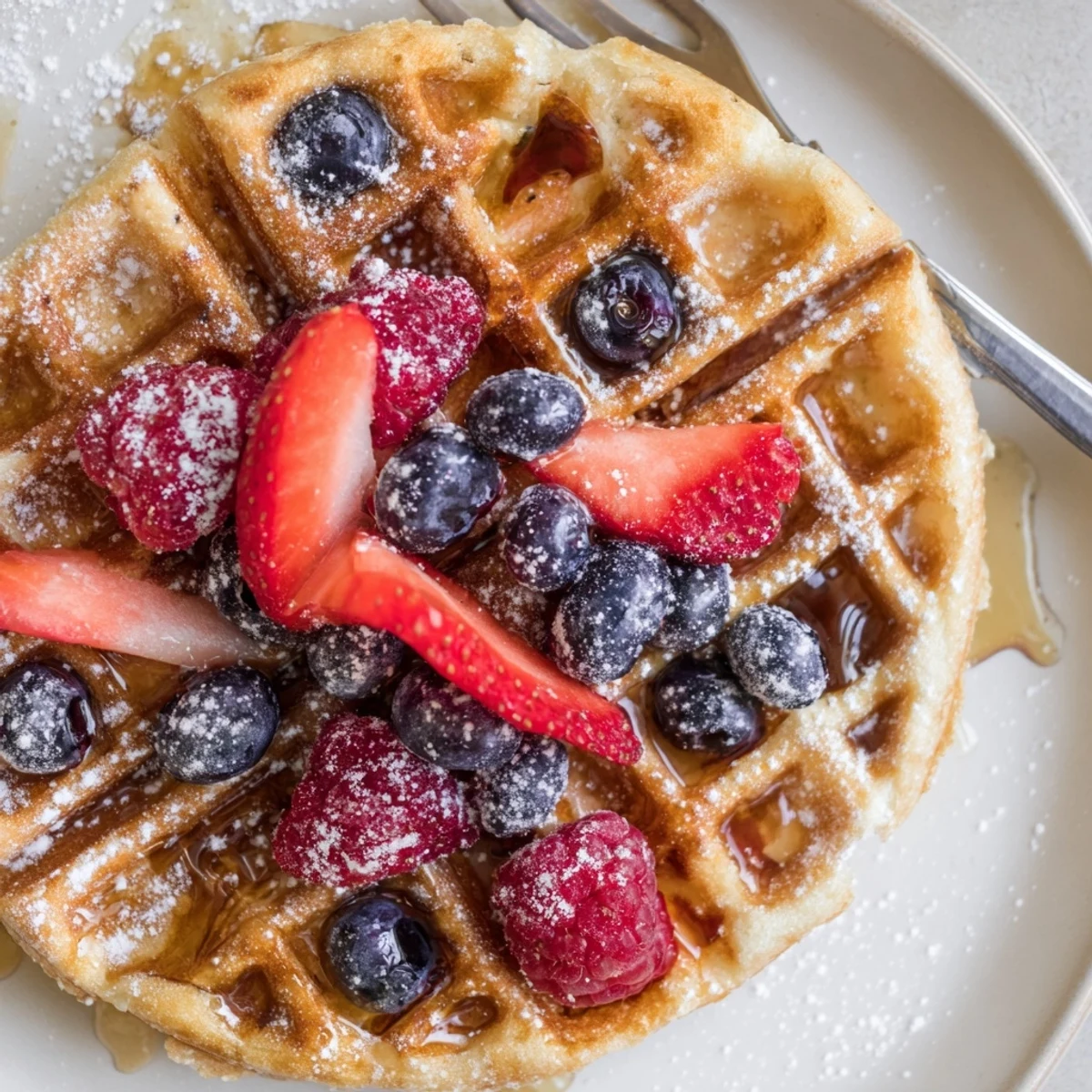 Warm Almond Flour Waffles With Berries on plate, powdered sugar dusting.