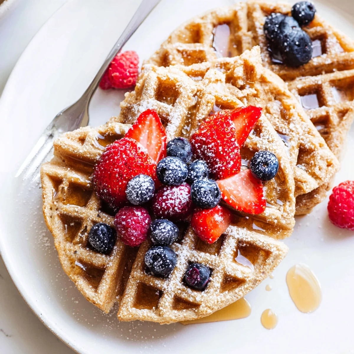 Almond Flour Waffles With Berries stacked, golden edges, juicy fruit and maple drizzle.