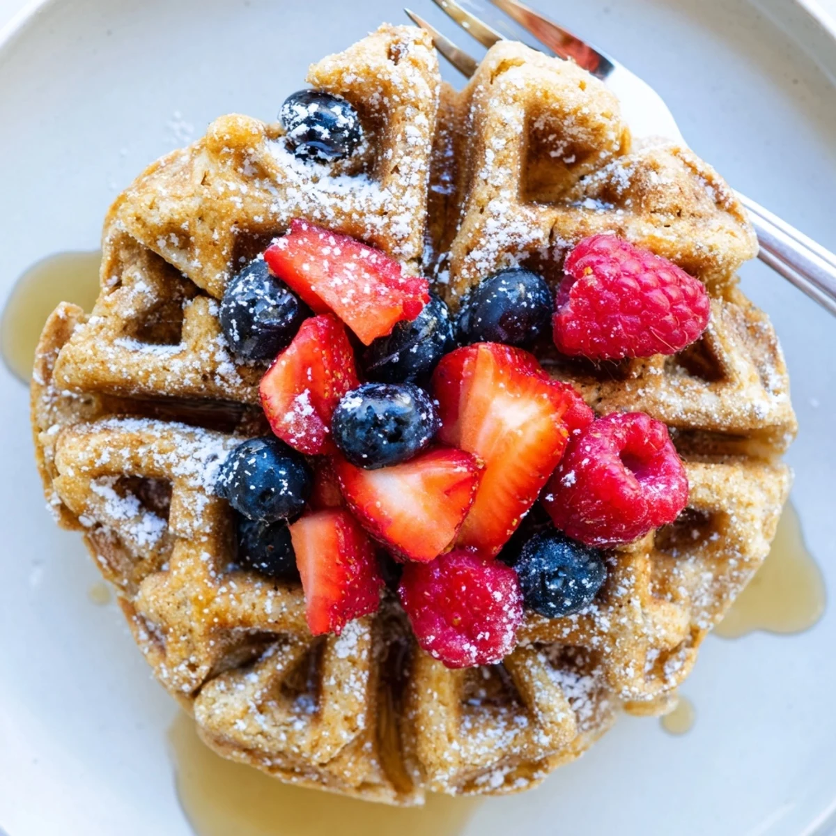 Crispy-edge Almond Flour Waffles With Berries, fork-ready, bright fruit medley and syrup.