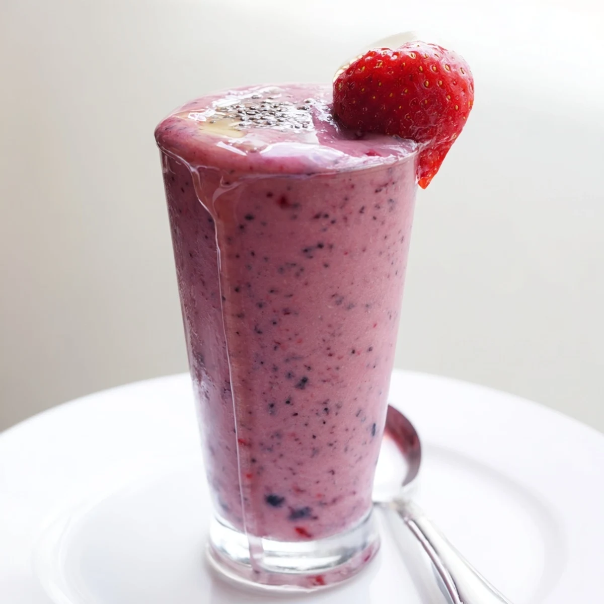 Cold Summer Berry Smoothie blended with banana and almond milk, morning boost