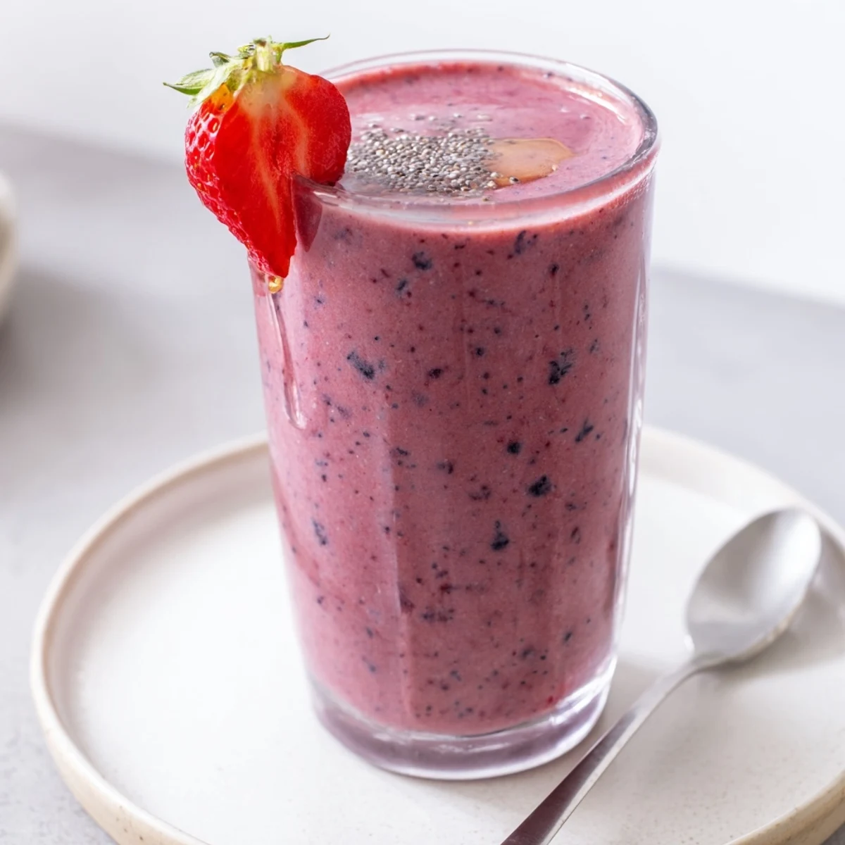 Vibrant Summer Berry Smoothie in glass, creamy texture, fresh berry garnish