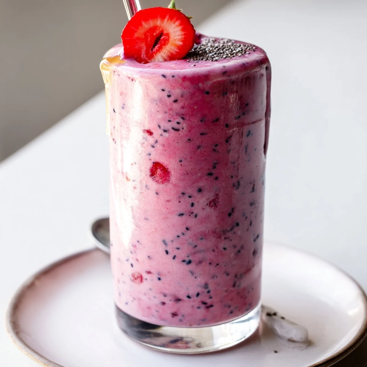 Refreshing Summer Berry Smoothie topped with chia seeds and extra berries